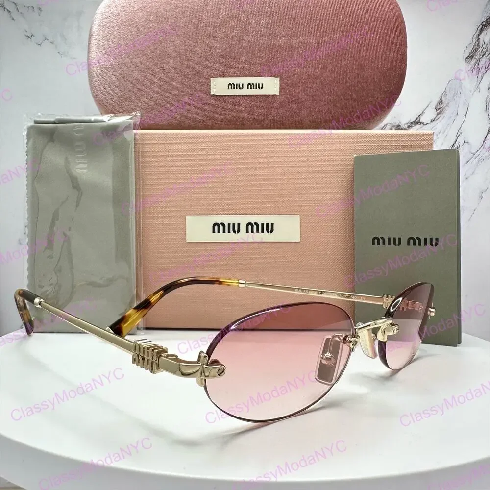 New MIU MIU Sunglasses Gold Metal Pink Oval Authentic Gradient MIU MIU